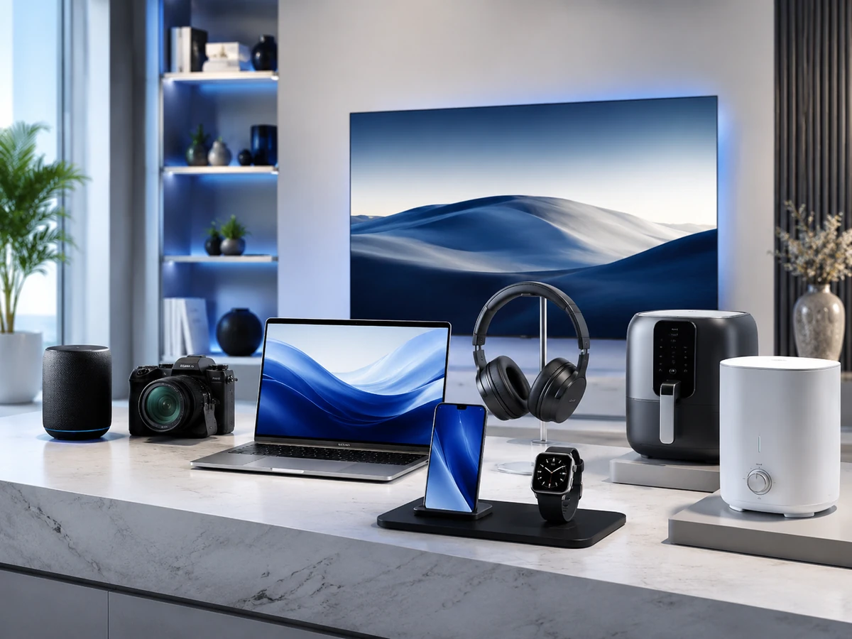 Premium electronics and home technology displayed in a modern showroom