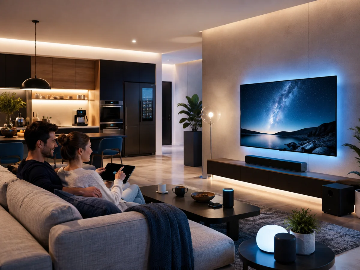 Modern smart home with connected entertainment and appliances