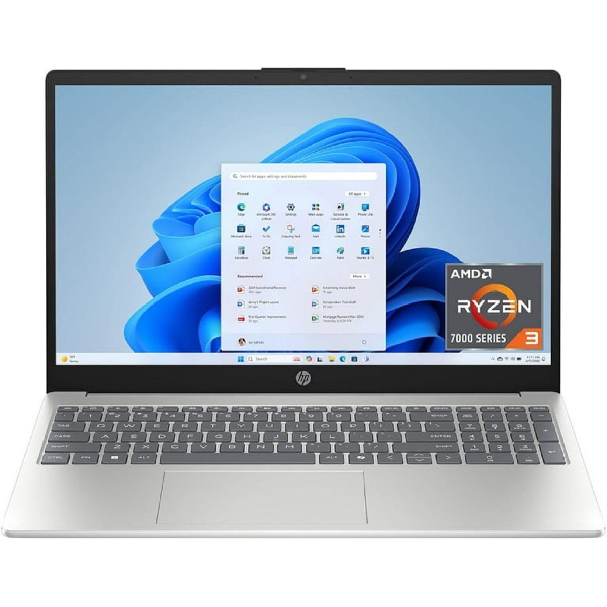 HP 15.6 inch Laptop, HD Touchscreen Display, AMD Ryzen 3 7320U, 8 GB RAM, 256 GB SSD, AMD Radeon Graphics, Windows 11 Home, Natural Silver, 15-fc0399nr