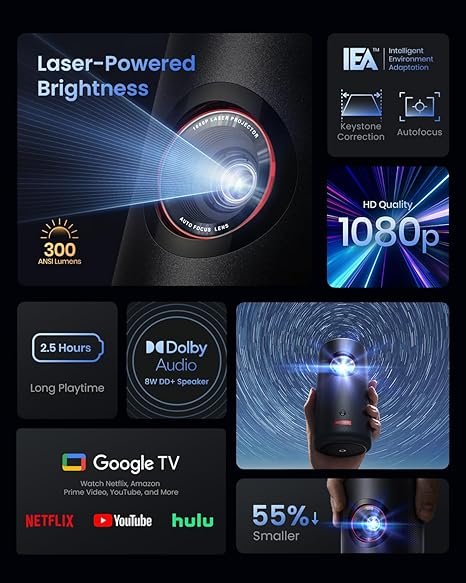 NEBULA Capsule 3 Laser Projector, Upgraded with Google TV and Official Netflix, Mini Smart TV Projector with Wi-Fi, Outdoor Portable Projectors, Dolby Digital, 120-Inch Screen, 2.5H Built-In Battery - Image 6