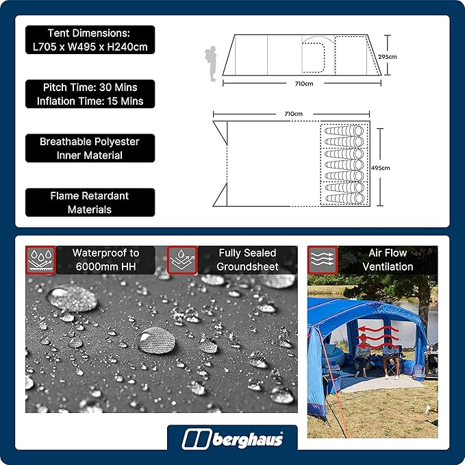 Berghaus Freedom 7 Nightfall Tent with Built in Porch and Darkened Bedroom Technology, 7 Berth Inflatable Tent, 7 Man Tent, Air Tent for 7 People, Family Camping Tent, Camping Equipment, Brand New - Image 3