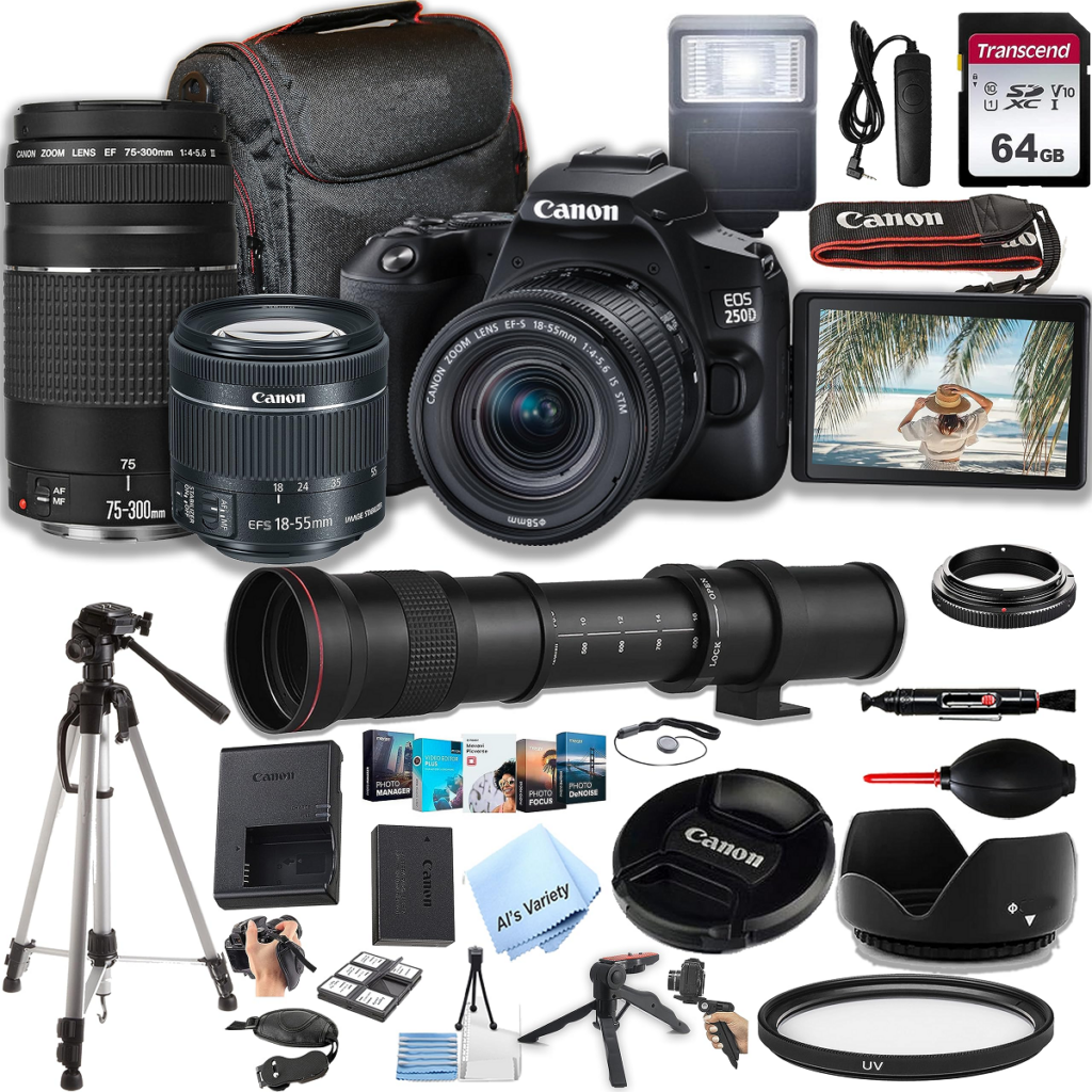Canon EOS 250D / Rebel SL3 DSLR Camera w/EF-S 18-55mm F/4-5.6 STM Zoom Lens + 75-300mm F/4-5.6 III Lens + 420-800mm Super Telephoto Lens + 64GB Memory, Case, Tripod, Flash (38pc Bundle), Brand New