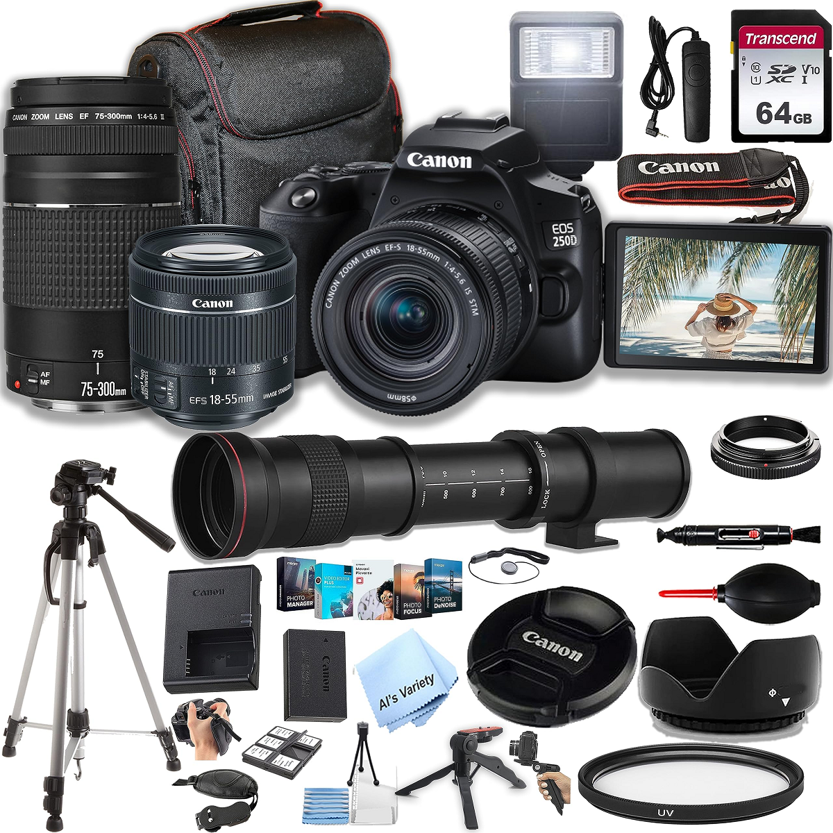 Canon EOS 250D / Rebel SL3 DSLR Camera w/EF-S 18-55mm F/4-5.6 STM Zoom Lens + 75-300mm F/4-5.6 III Lens + 420-800mm Super Telephoto Lens + 64GB Memory, Case, Tripod, Flash (38pc Bundle), Brand New