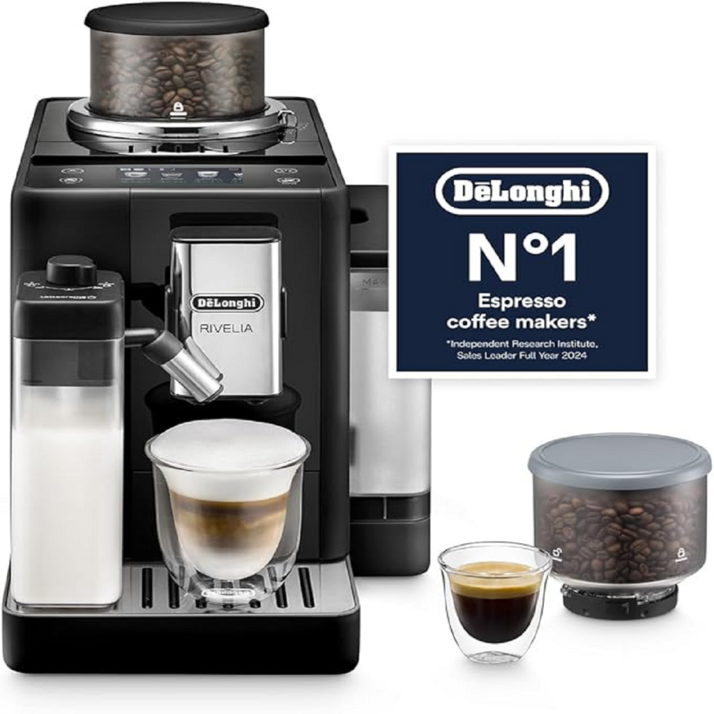 DeLonghi Rivelia EXAM440.55.G, Available Colours: Onyx Black, Arctic White & Pebble Grey, Fully Automatic Coffee Machine with LatteCrema Hot, Automatic Milk Frother, Compact Size Bean to Cup Coffee Machine, 16 Recipes, Full Touch Colored Display, Brand New